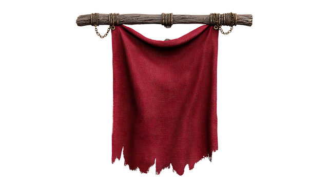 A tattered red banner or flag hanging from a wooden pole, isolated on transparent background