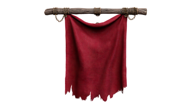 A tattered red banner or flag hanging from a wooden pole, isolated on transparent background