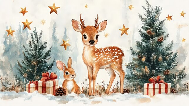Sweet Christmas Deer & Rabbit with Tree – Pastel Watercolor Art