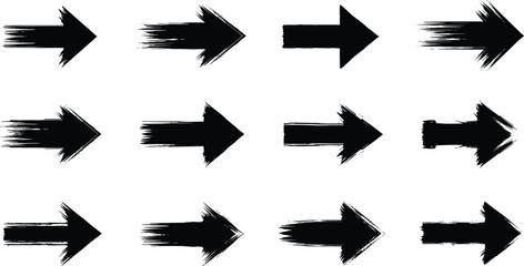 Set of black grunge brush stroke arrows, hand drawn ink pointers, distressed texture vector collection, rough direction signs.