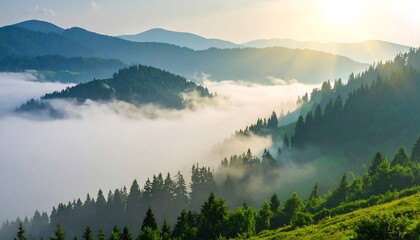 Fog rolling over forested hills at sunrise