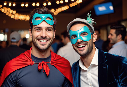 Two Middle Eastern men in playful costumes at a lively masked party tonight.