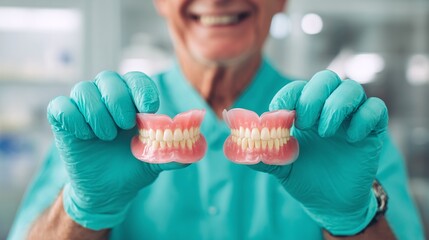 Dentist displaying dentures with a bright smile, ready to restore confidence. Precision in dental care ensures a natural-looking and comfortable fit for enhanced well-being.