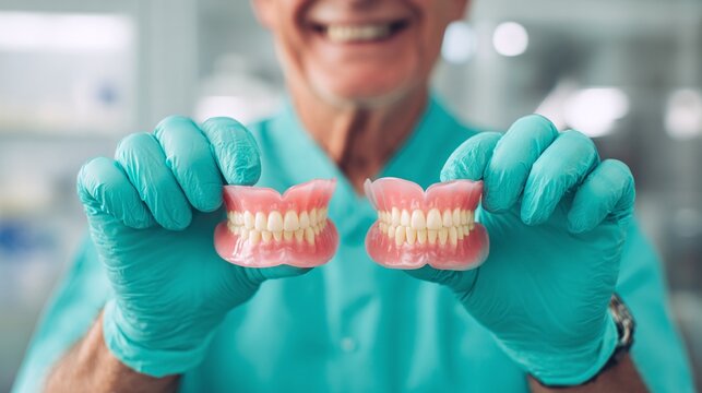 Dentist displaying dentures with a bright smile, ready to restore confidence. Precision in dental care ensures a natural-looking and comfortable fit for enhanced well-being.