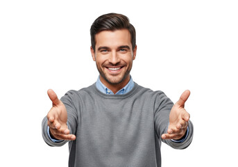 A smiling man with short brown hair and a gray sweater extends his arms forward in a welcoming gesture isolated on transparent background