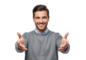 A smiling man with short brown hair and a gray sweater extends his arms forward in a welcoming gesture isolated on transparent background