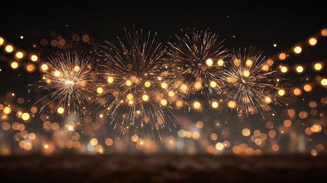 Golden lights and celebratory fireworks, perfect for festive evenings and events. The soft, warm glow creates a magical atmosphere with a sense of joy.