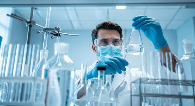 Focused male scientist in protective gear working with flask in modern laboratory