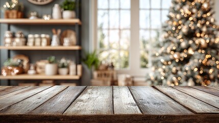 Rustic wooden table with blurred Christmas tree backdrop. Shelves stocked with various containers and potted plants visible in the background, creating a cozy holiday scene.