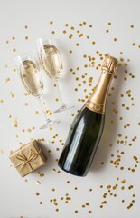 Champagne and gift box with gold confetti flat lay