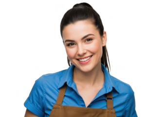 Smiling young woman wearing a blue collared shirt and brown apron isolated on transparent background