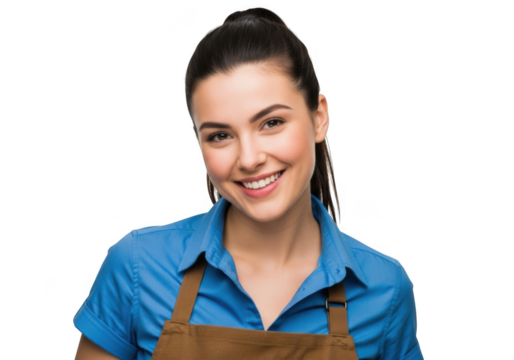 Smiling young woman wearing a blue collared shirt and brown apron isolated on transparent background