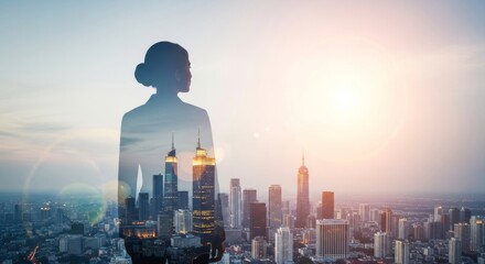 Businesswoman silhouette double exposure over city skyline at sunset