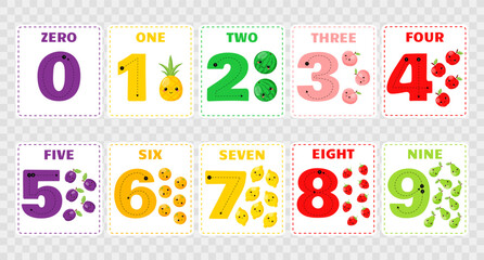 Set of number flashcards for kids with cute fruits on transparent background. 0-10 number writing for kids. Cute kawaii fruits. Learning numbers for kids.Kindergarten flashcards. Vector illustrations.