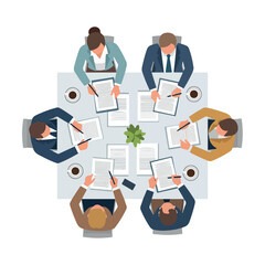 Business meeting around table with documents and coffee