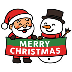 Santa claus and snowman joyfully present a 'merry christmas' banner, ideal cartoon for holiday season greetings.
