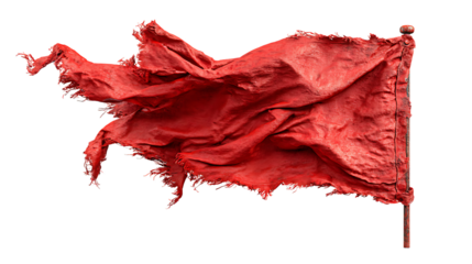 Tattered red flag waving in the wind isolated on transparent background