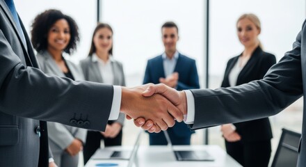 Professional business handshake with diverse team in modern office