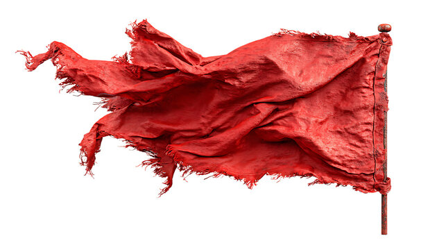 Tattered red flag waving in the wind isolated on transparent background