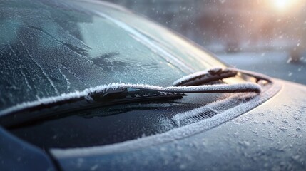 Close-up shot of a car's windshield covered in frost, showcasing winter's icy grip. The wipers are also coated in frost, creating a serene and picturesque scene of a cold morning.