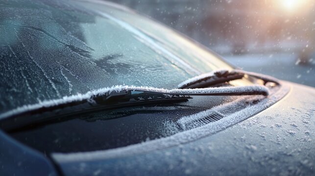 Close-up shot of a car's windshield covered in frost, showcasing winter's icy grip. The wipers are also coated in frost, creating a serene and picturesque scene of a cold morning.