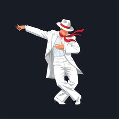 Man dancing in white suit with hat and scarf