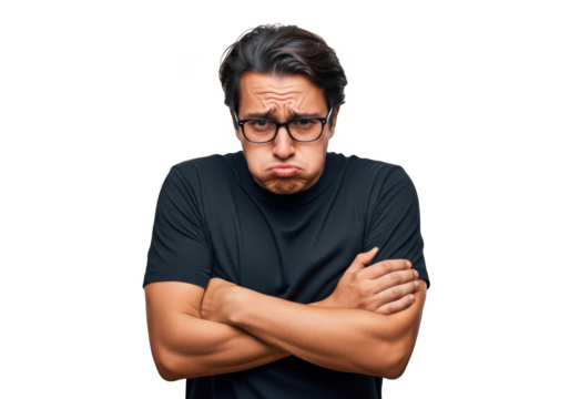Young man with glasses puffed cheeks arms crossed expressing frustration and disappointment isolated on transparent background