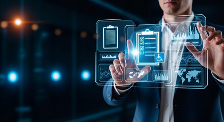 Man interacting with holographic interface displaying charts and checklist