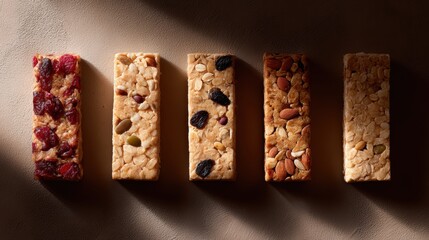 386. healthy snack bars arranged in flat lay composition, advertising mood, dramatic key light, ample space for text, ideal for commercial use