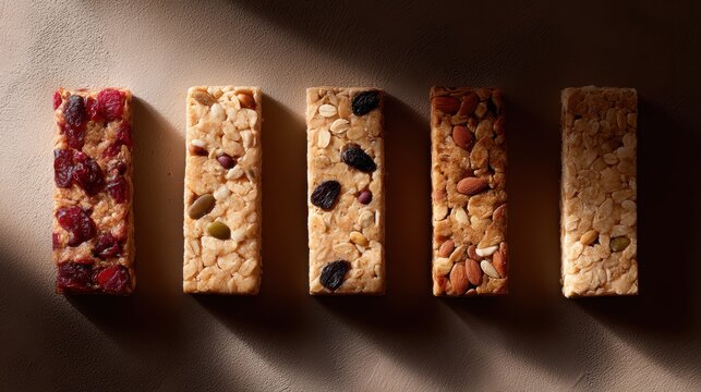 386. healthy snack bars arranged in flat lay composition, advertising mood, dramatic key light, ample space for text, ideal for commercial use