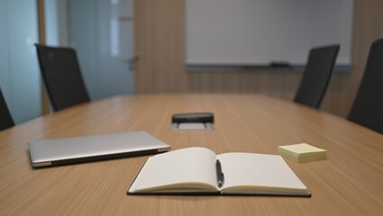 Naklejka premium Close-up of a pristine conference table in a modern office meeting room.