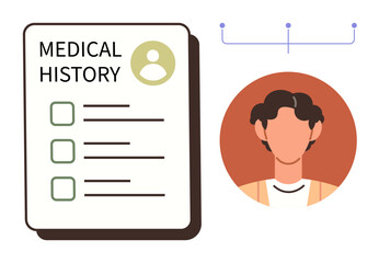 Patient profile beside medical history checklist with three items. Ideal for healthcare, diagnosis, medical records, patient management, data organization, health analysis, simple flat metaphor