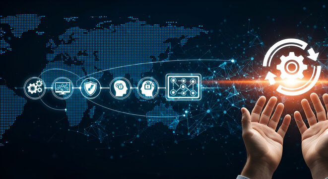 Hands holding digital gears and network over world map - Powered by Adobe