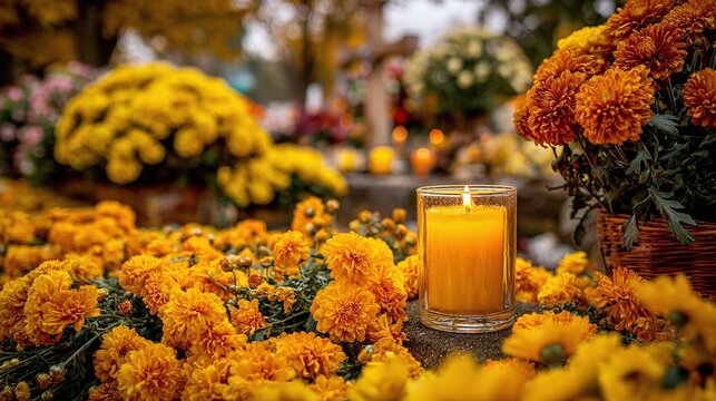 Candlelight and Chrysanthemums. A candle illuminates a grave adorned with vibrant chrysanthemums on All Souls' Day, creating a poignant and colorful memorial scene. - Powered by Adobe