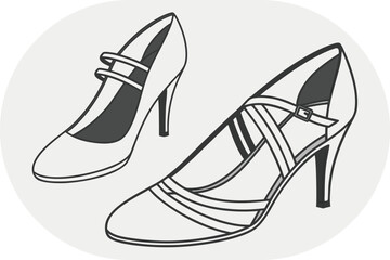 Two women's high-heeled shoes with straps in black and white line art on a grey background footwear fashion