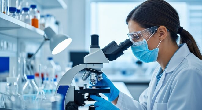 Female scientist working with microscope in modern laboratory
