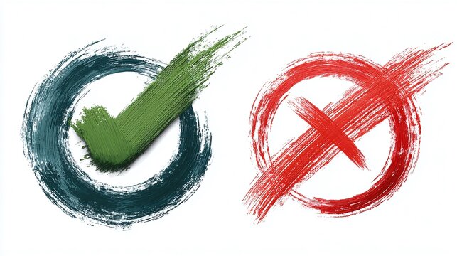 Brushstroke Symbols: Green checkmark and a red cross painted with expressive strokes, signifying choices and decisions. Colorful abstract art on a pure white background.