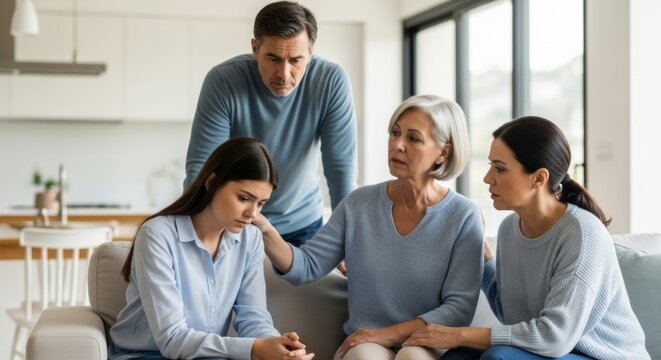 Multi-generational family offers emotional support to distressed young woman on sofa