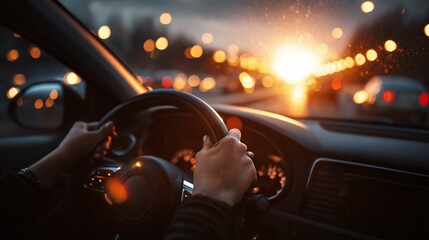Driving at twilight, the hands holding the steering wheel control the machine as the dashboard instruments glow softly. A blurred cityscape stretches in the distance.