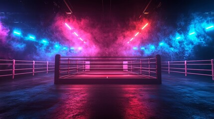 Empty Boxing Ring with Ropes and Dramatic Lighting in a Dark Arena, Red and Blue Neon Lights, Smoke, and a Wet Floor