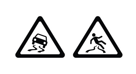 Road warning signs depicting slippery road and pedestrian crossing hazards