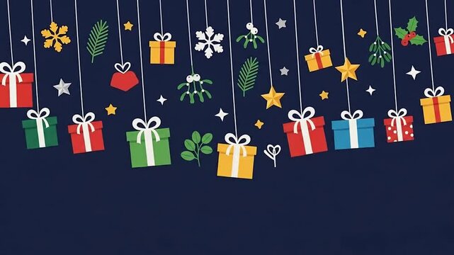 A charming collection of colorful gift boxes and unique decorative elements suspended in air, creating a festive and celebratory design backdrop - Powered by Adobe