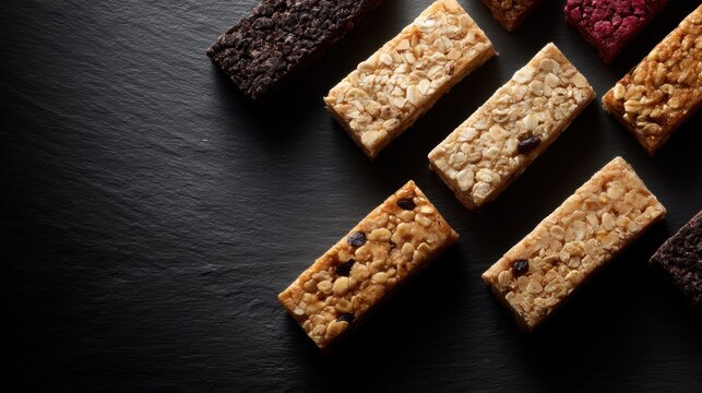 386. healthy snack bars arranged in flat lay composition, advertising mood, dramatic key light, ample space for text, ideal for commercial use