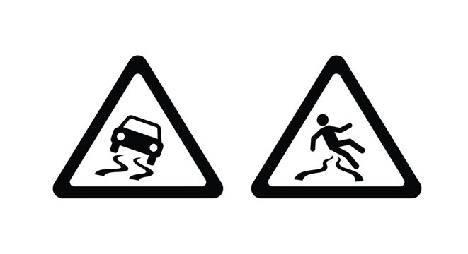 Road warning signs depicting slippery road and pedestrian crossing hazards
