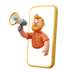 Cartoon man with megaphone emerging from a smartphone screen announcing isolated on transparent background