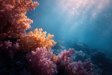 Naklejka premium 43. coral reef underwater with balanced colors, warm tone, natural window light, balanced rule of thirds, brand-safe, no logos