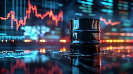 Oil Price Fluctuation Concept: Black Barrel with Red Stock Market Chart, Reflecting Global Energy Crisis and Economic Downturn in a Digital Environment.