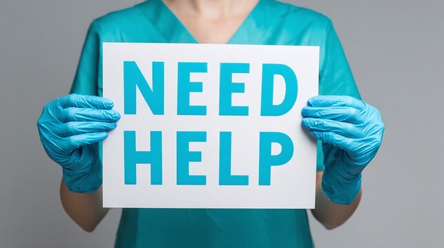 An individual in medical scrubs & gloves holds up a sign that reads 'Need Help' in bold blue letters, against a gray backdrop. Focused on healthcare support and assistance.