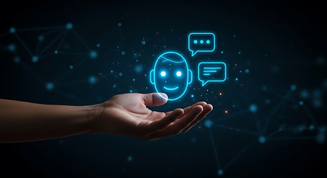 Customer service chatbot icon with speech bubbles hovering over an open hand against a dark blue network background, representing ai communication and support