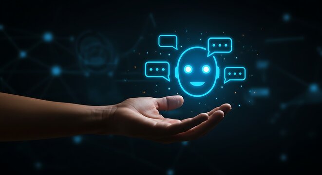 Closeup of a hand presenting a bright blue chatbot avatar with communication bubbles, symbolizing ai assistance